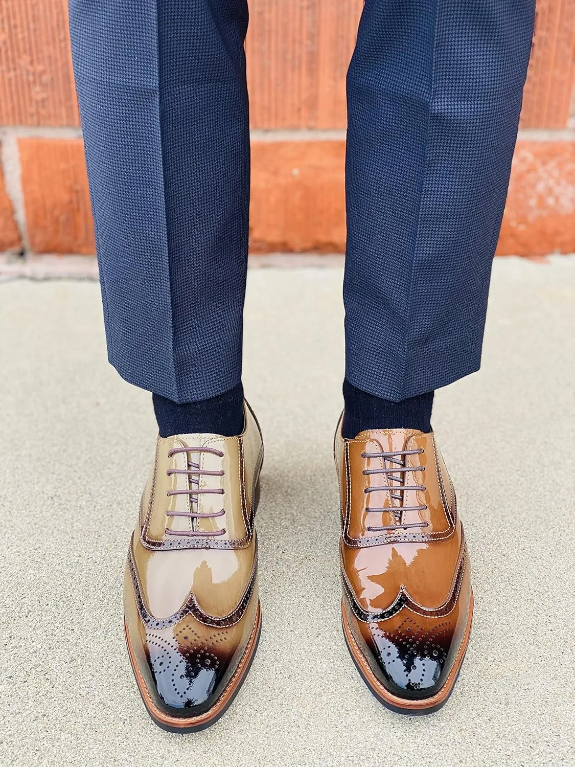 CALTO Men's Invisible Height Increasing Elevator Shoes - Dark Brown Patent Leather Lace-up Wing-tip Formal Oxfords - 3 Inches Taller - S1017 - Size 10 D(M) US