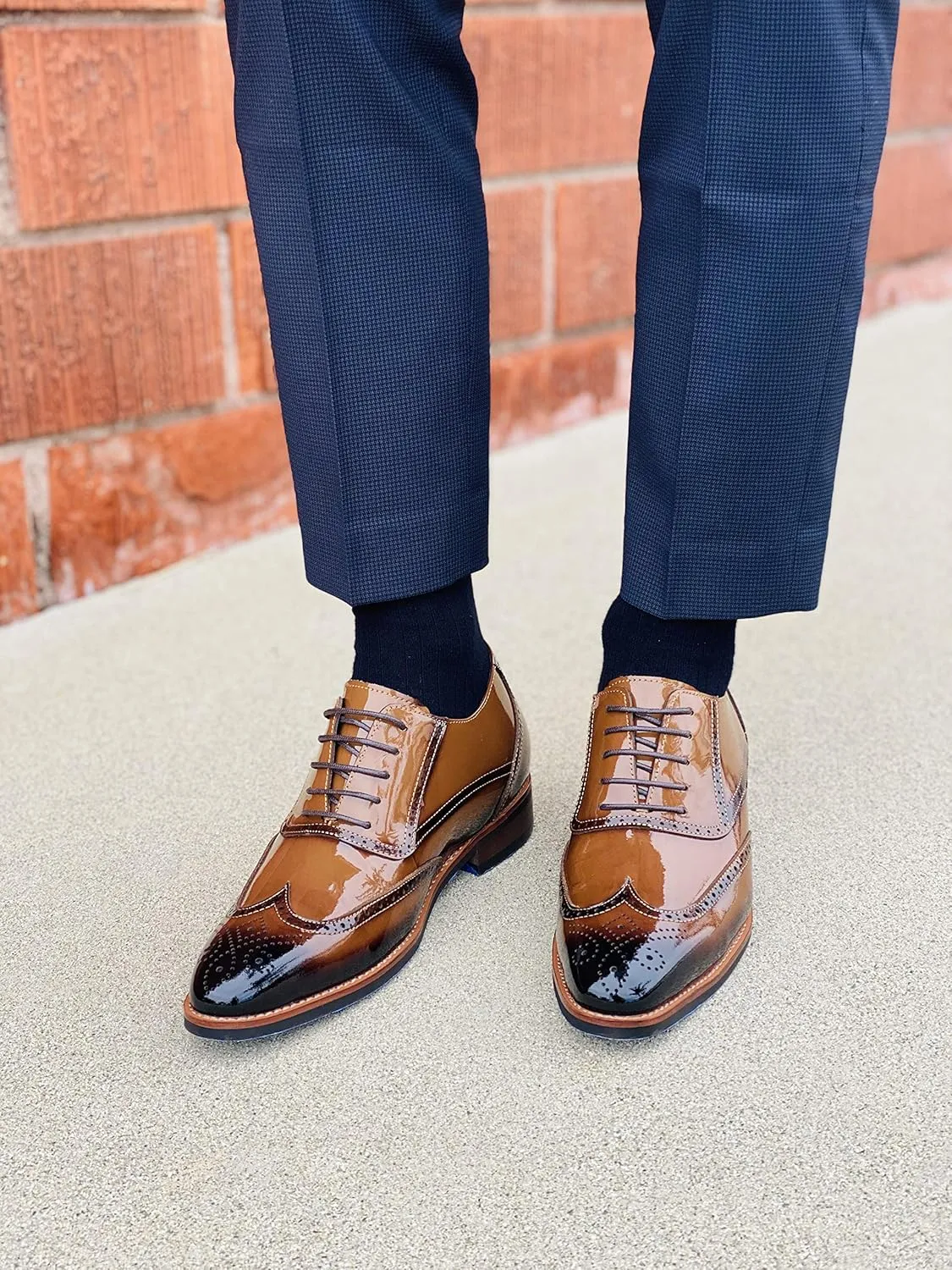 CALTO Men's Invisible Height Increasing Elevator Shoes - Dark Brown Patent Leather Lace-up Wing-tip Formal Oxfords - 3 Inches Taller - S1017 - Size 10 D(M) US