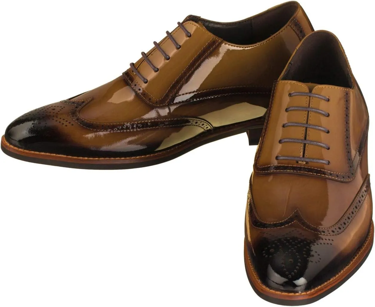 CALTO Men's Invisible Height Increasing Elevator Shoes - Dark Brown Patent Leather Lace-up Wing-tip Formal Oxfords - 3 Inches Taller - S1017 - Size 10 D(M) US