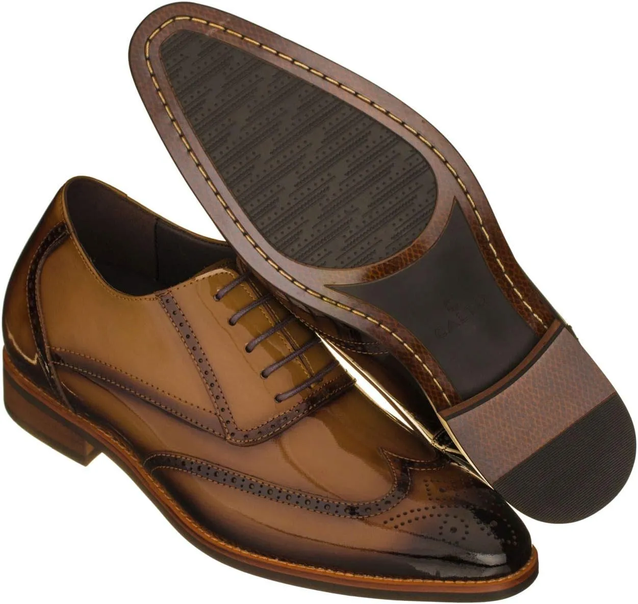 CALTO Men's Invisible Height Increasing Elevator Shoes - Dark Brown Patent Leather Lace-up Wing-tip Formal Oxfords - 3 Inches Taller - S1017 - Size 10 D(M) US