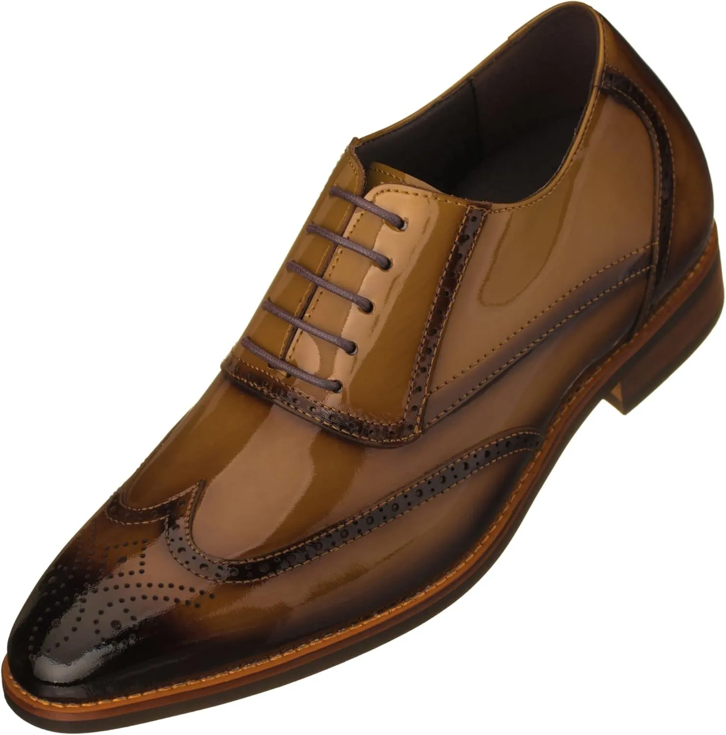 CALTO Men's Invisible Height Increasing Elevator Shoes - Dark Brown Patent Leather Lace-up Wing-tip Formal Oxfords - 3 Inches Taller - S1017 - Size 10 D(M) US