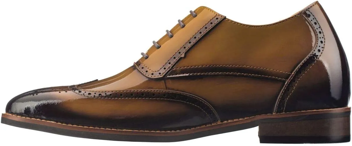 CALTO Men's Invisible Height Increasing Elevator Shoes - Dark Brown Patent Leather Lace-up Wing-tip Formal Oxfords - 3 Inches Taller - S1017 - Size 10 D(M) US