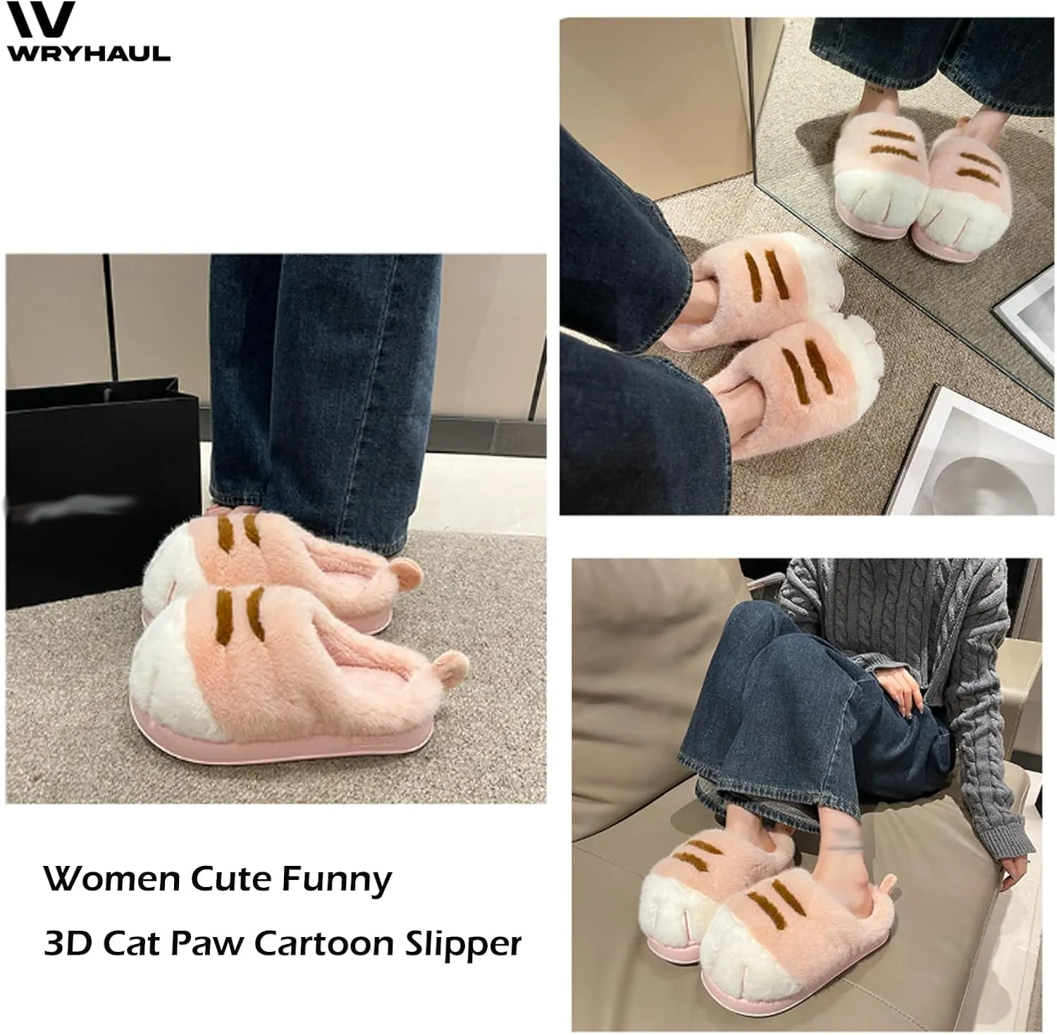 Cat Paw Slippers for Women, Cat Foot Slippers, Cat Slippers Cute Funny 3D Cat Paw Cartoon Slippers, Winter House Shoes