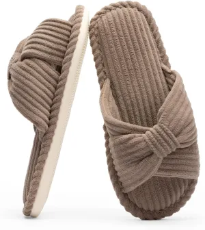 Chantomoo Slippers for Women Memory Foam House Womens Slipper Slides Home Bedroom Bathroom Spa Open Toe Corduroy Bow Slippers Cozy Comfortable