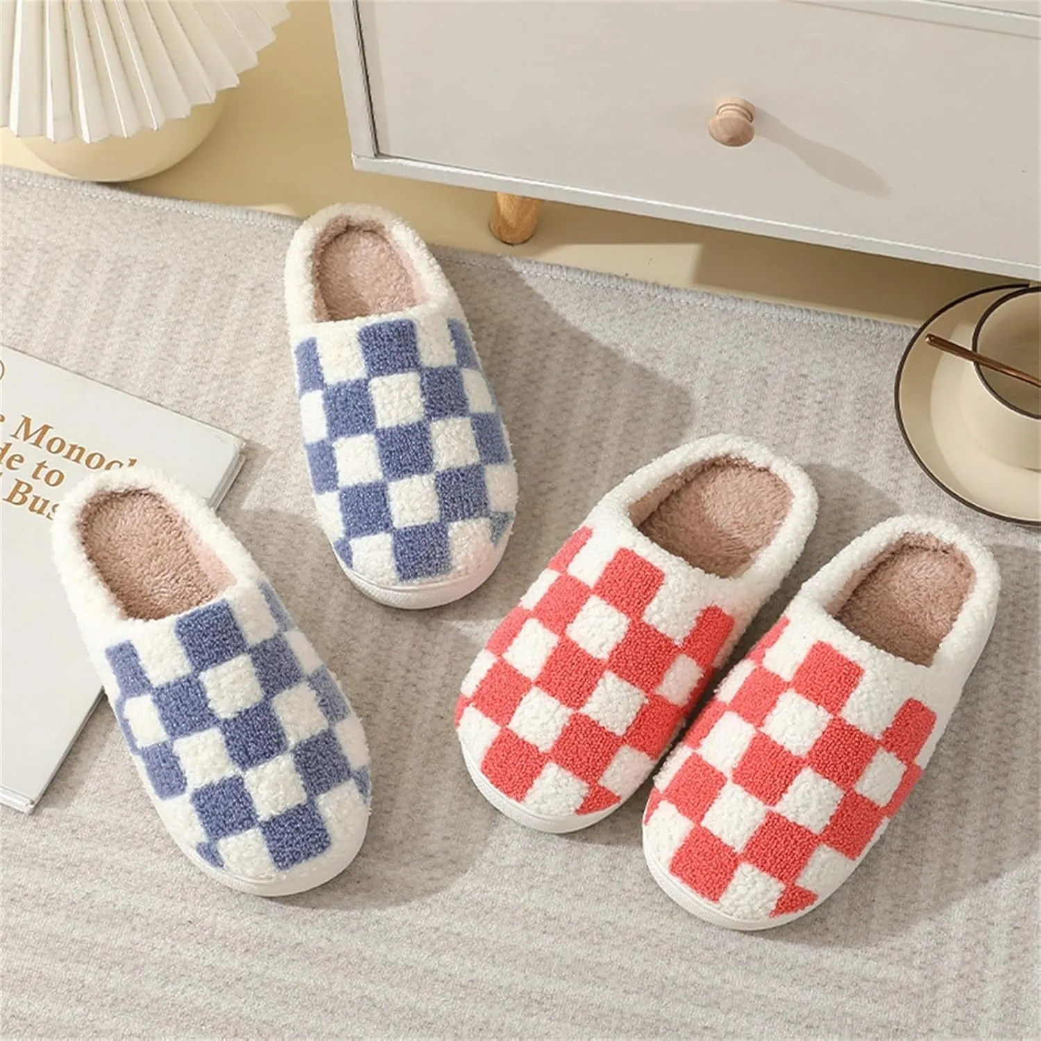Checkered Fuzzy Memory Foam Men's House Slippers - Trendy Checkerboard Fluffy Preppy Bedroom Closed Toe Sandals