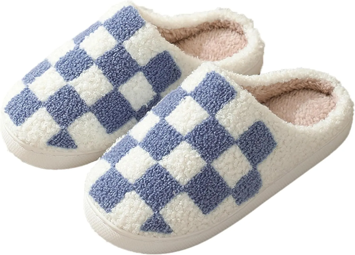 Checkered Fuzzy Memory Foam Men's House Slippers - Trendy Checkerboard Fluffy Preppy Bedroom Closed Toe Sandals