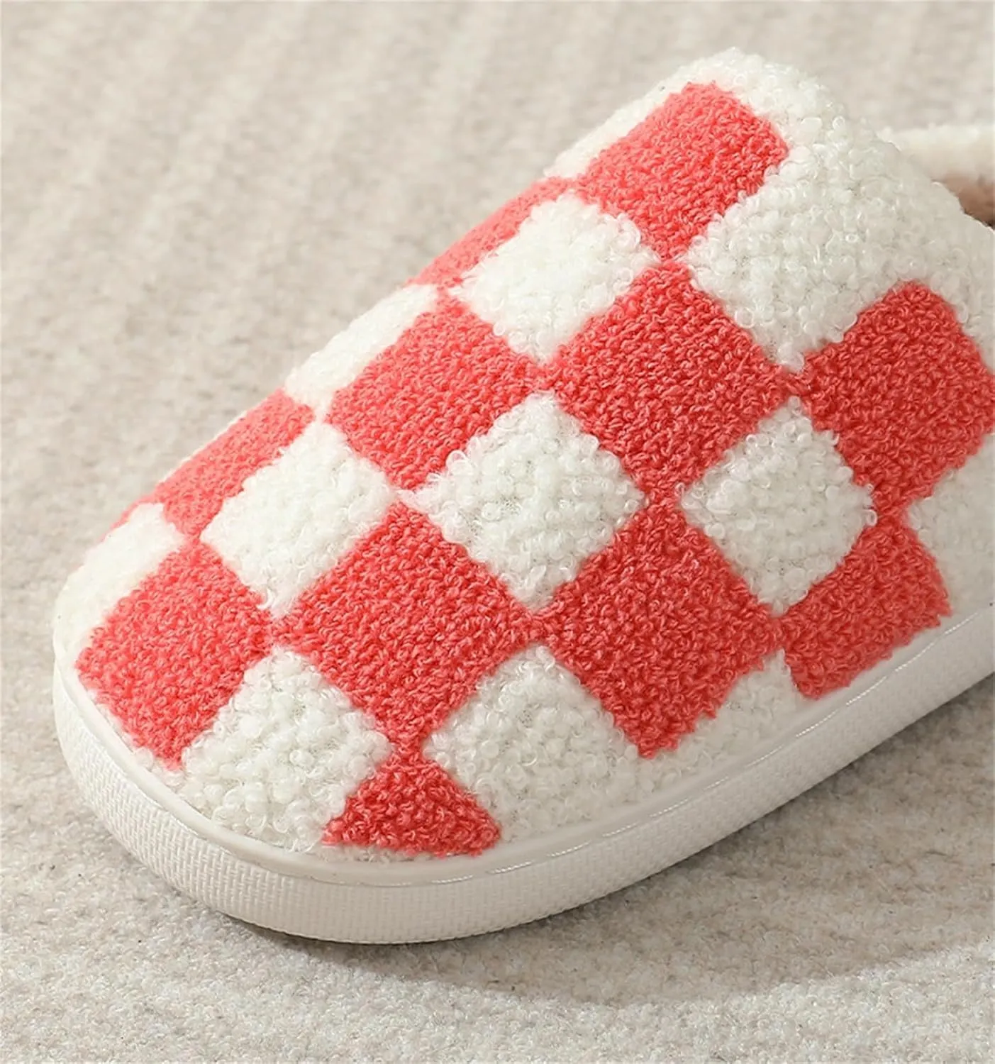 Checkered Fuzzy Memory Foam Men's House Slippers - Trendy Checkerboard Fluffy Preppy Bedroom Closed Toe Sandals