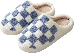 Checkered Fuzzy Memory Foam Men's House Slippers - Trendy Checkerboard Fluffy Preppy Bedroom Closed Toe Sandals