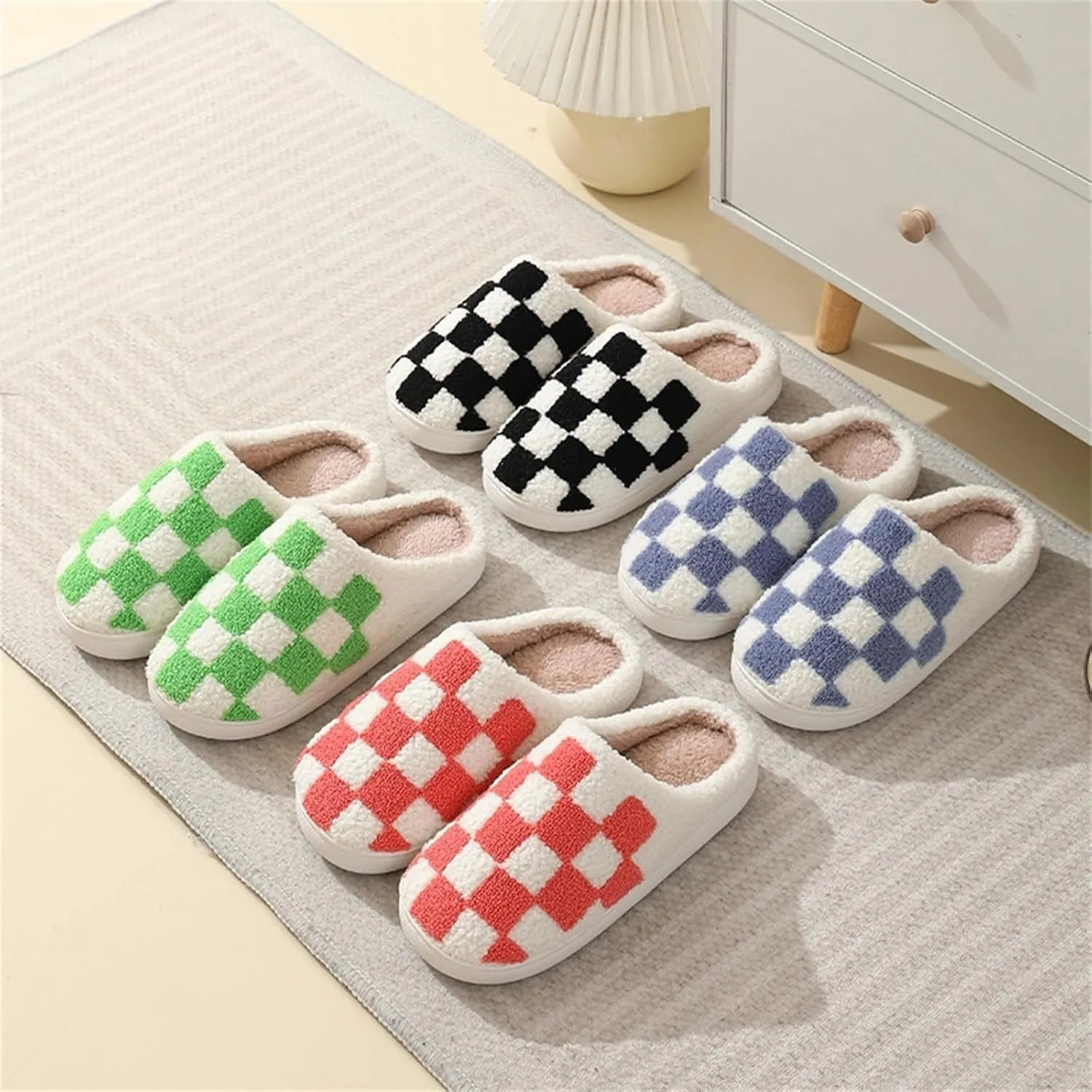 Checkered Fuzzy Memory Foam Men's House Slippers - Trendy Checkerboard Fluffy Preppy Bedroom Closed Toe Sandals