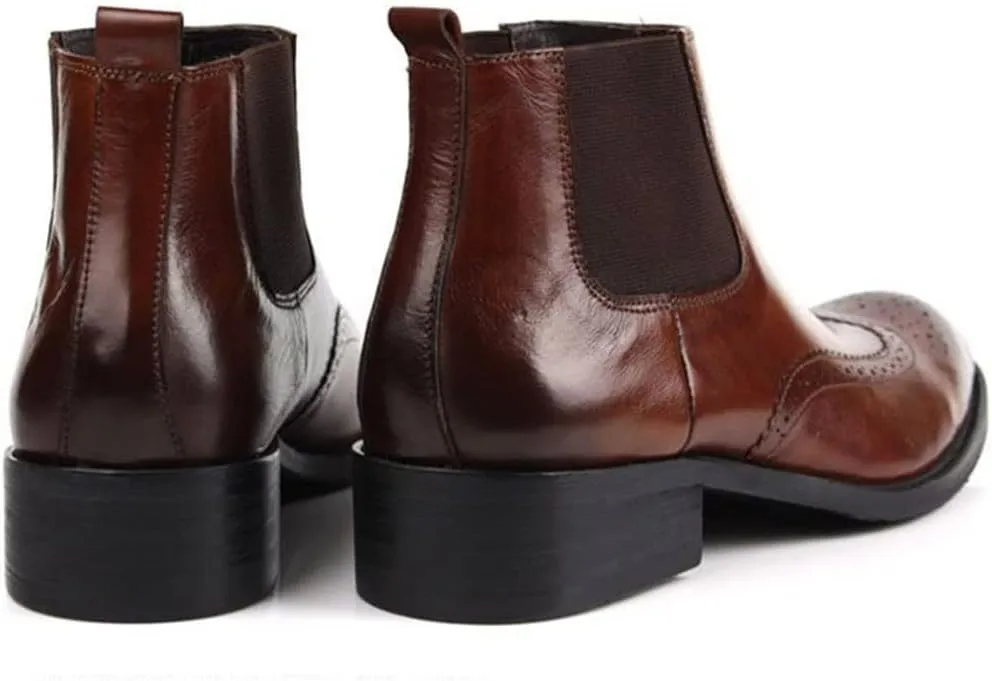 Chelsea Boot for Men Work Boot Wingtip Brogue Carving Pull On StyleGenuine Leather Block Heel Burnished Toe