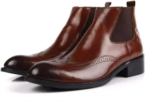 Chelsea Boot for Men Work Boot Wingtip Brogue Carving Pull On StyleGenuine Leather Block Heel Burnished Toe