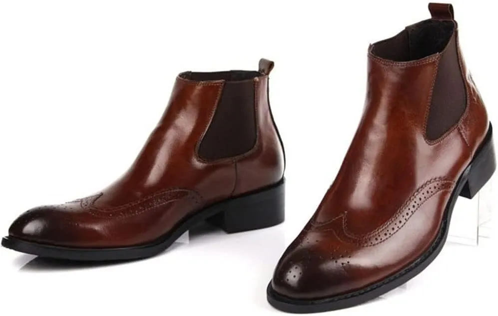 Chelsea Boot for Men Work Boot Wingtip Brogue Carving Pull On StyleGenuine Leather Block Heel Burnished Toe