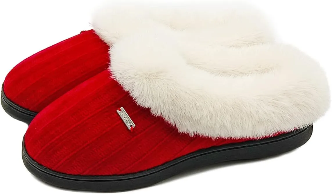 Chenille Fuzzy Fluffy House Slippers For Women,Memory Foam Slip-on Slipper Plush Fur Collar Comfy Warm Bedroom Slippers Indoor & Outdoor