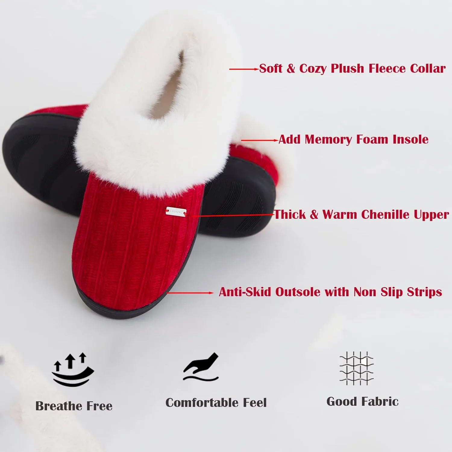 Chenille Fuzzy Fluffy House Slippers For Women,Memory Foam Slip-on Slipper Plush Fur Collar Comfy Warm Bedroom Slippers Indoor & Outdoor