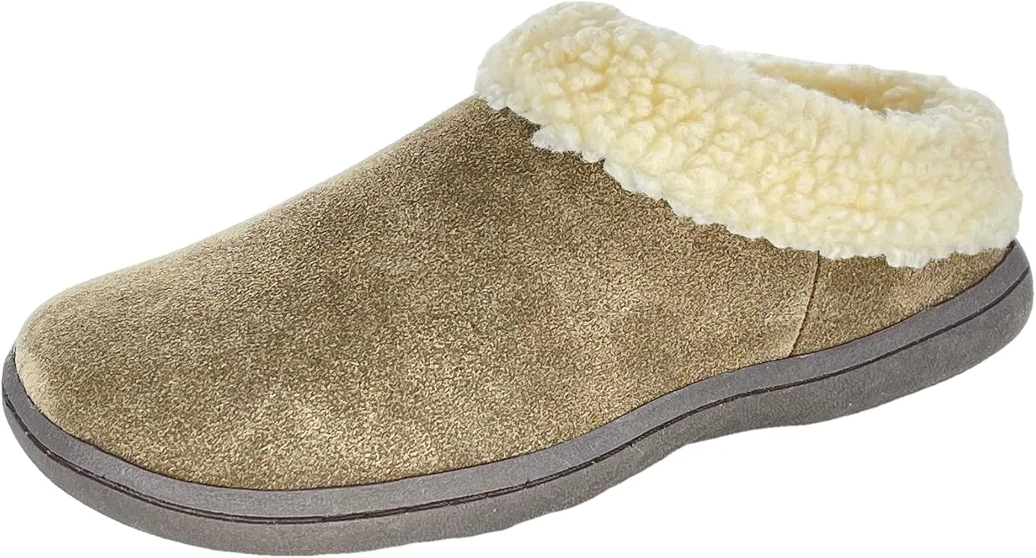 Clarks Womens Slipper Suede Leather With Faux Sherpa Collar JMH1894 - Plush Memory Foam Footbed - Indoor Outdoor House Slippers For Women