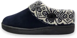 Clarks Womens Suede Leather Comfort Clog Knitted Collar Slipper - Plush Faux Fur Trim - Indoor Outdoor House Slippers For Women (Fairisle Navy 6M)