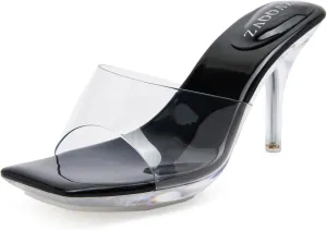 Clear Heels for Women Sexy High Heels Sandals Platform Stiletto Kitten Square Toe Comfortable Shoes Transparent Strap Mule