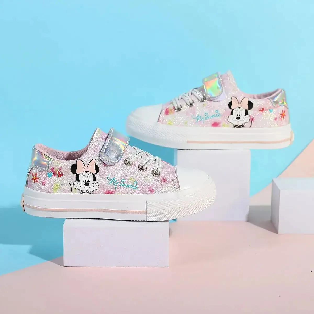 Cosplay Anime Minnie Mouse Canvas Shoes Cute Cartoon Children's Sneaker Shoes Students Velcro Adult White Casual Walking Shoes