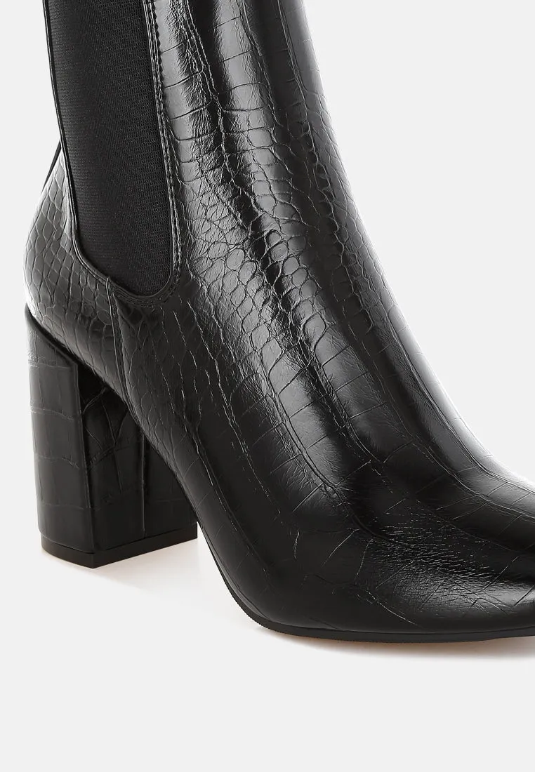 Croc Textured Block Heeled Chelsea Boots By RUW