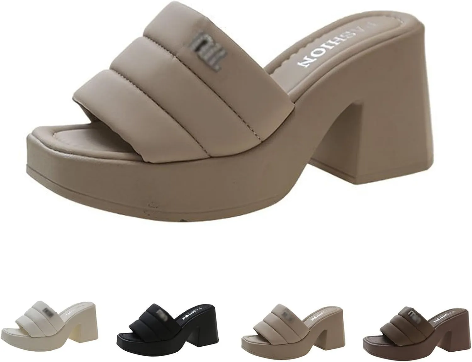 Cubicbee Women's Platform Chunky Heels Mules Square Open Toe High Heeled Sandals Slip On Slides Dress Shoes