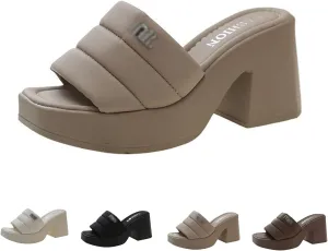 Cubicbee Women's Platform Chunky Heels Mules Square Open Toe High Heeled Sandals Slip On Slides Dress Shoes