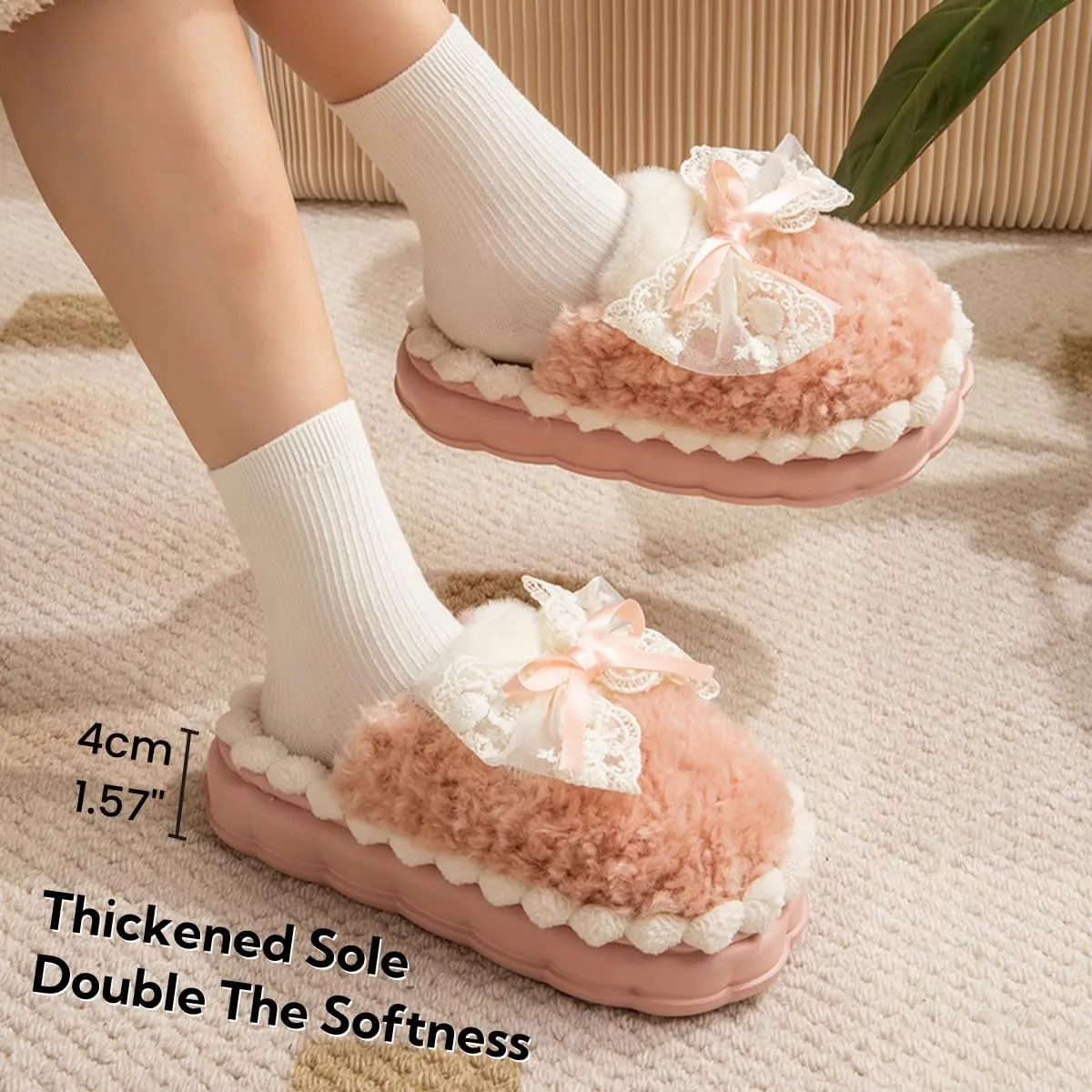 Cute Bow Fuzzy Slippers for Women, Fluffy Cozy Warm Womens Slippers with Thick Sole