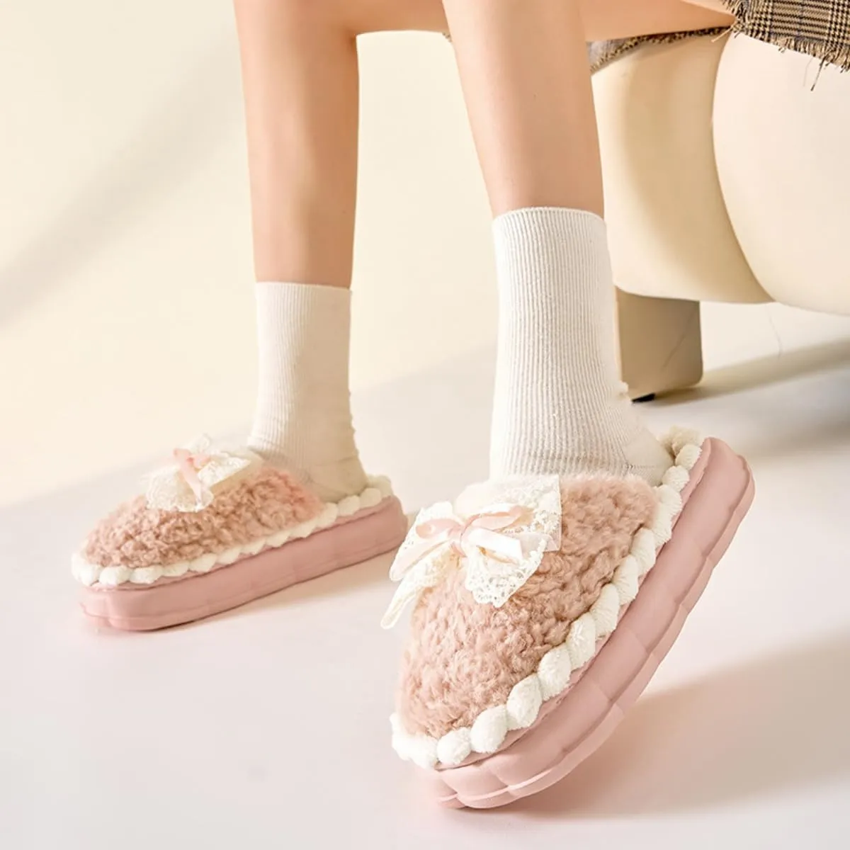 Cute Bow Fuzzy Slippers for Women, Fluffy Cozy Warm Womens Slippers with Thick Sole