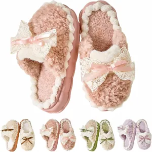 Cute Bow Fuzzy Slippers for Women, Fluffy Cozy Warm Womens Slippers with Thick Sole