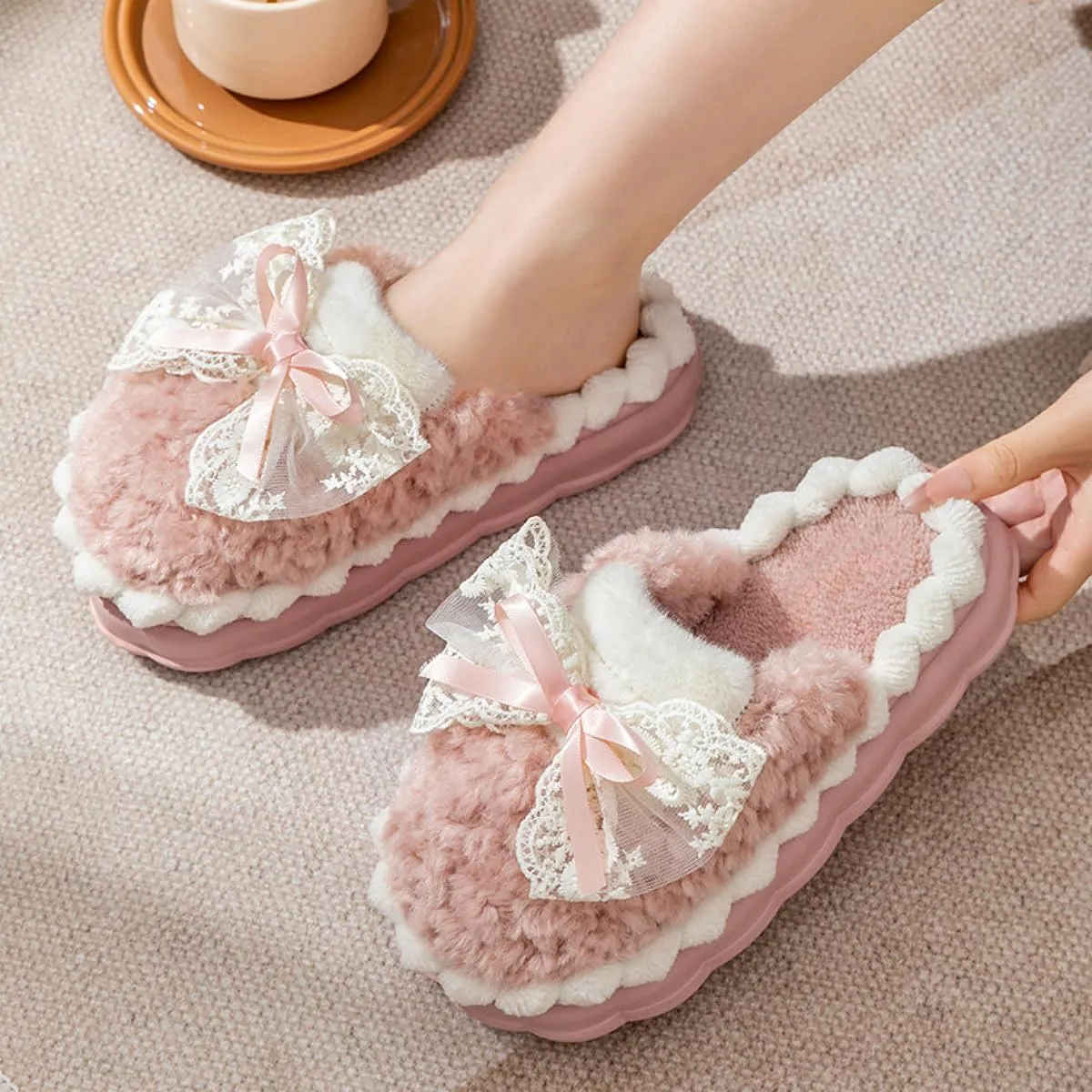 Cute Bow Fuzzy Slippers for Women, Fluffy Cozy Warm Womens Slippers with Thick Sole