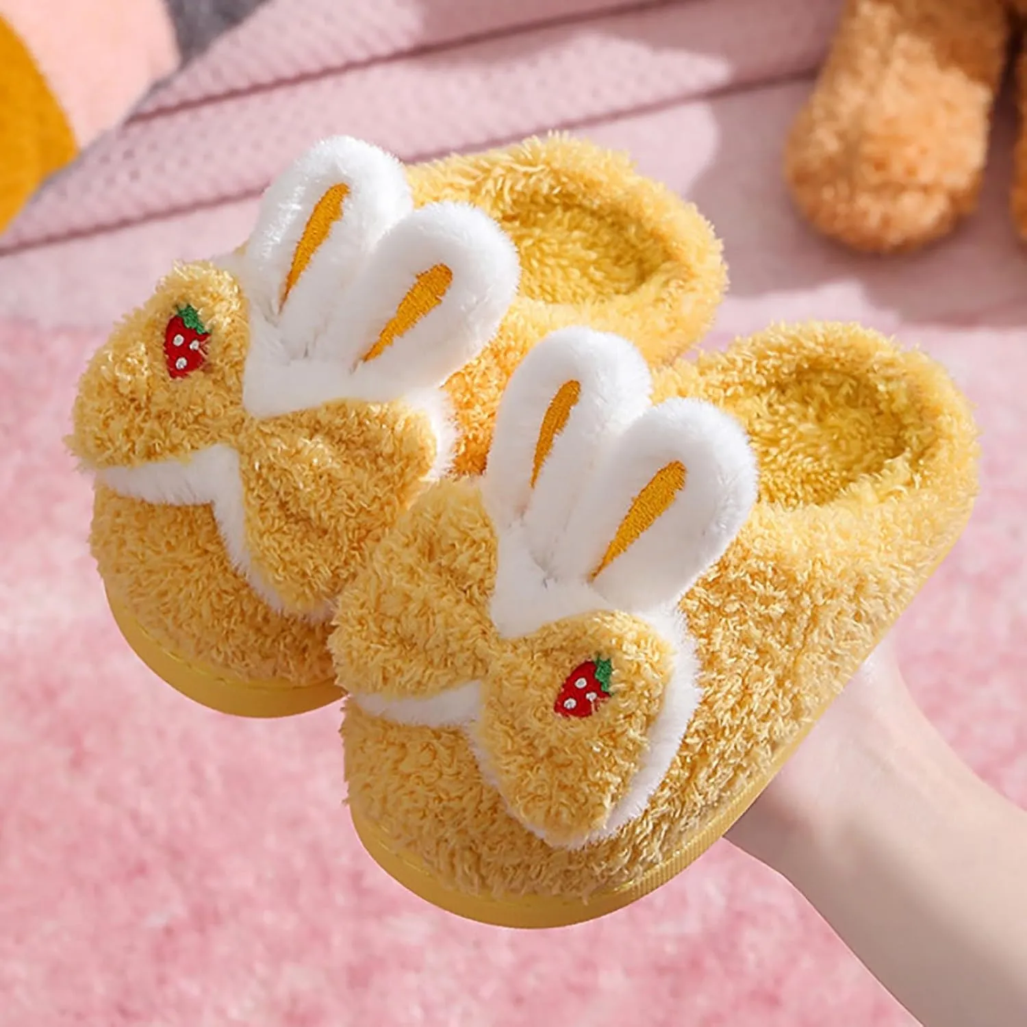 Cute Bunny Ear Girls Plush House Slippers Rabbit Fluffy Slippers, Kids Cute Animal Slippers Faux Fur Slip-on Shoes Memory Foam House Slipper Indoor Warm Plush Animal Shoes