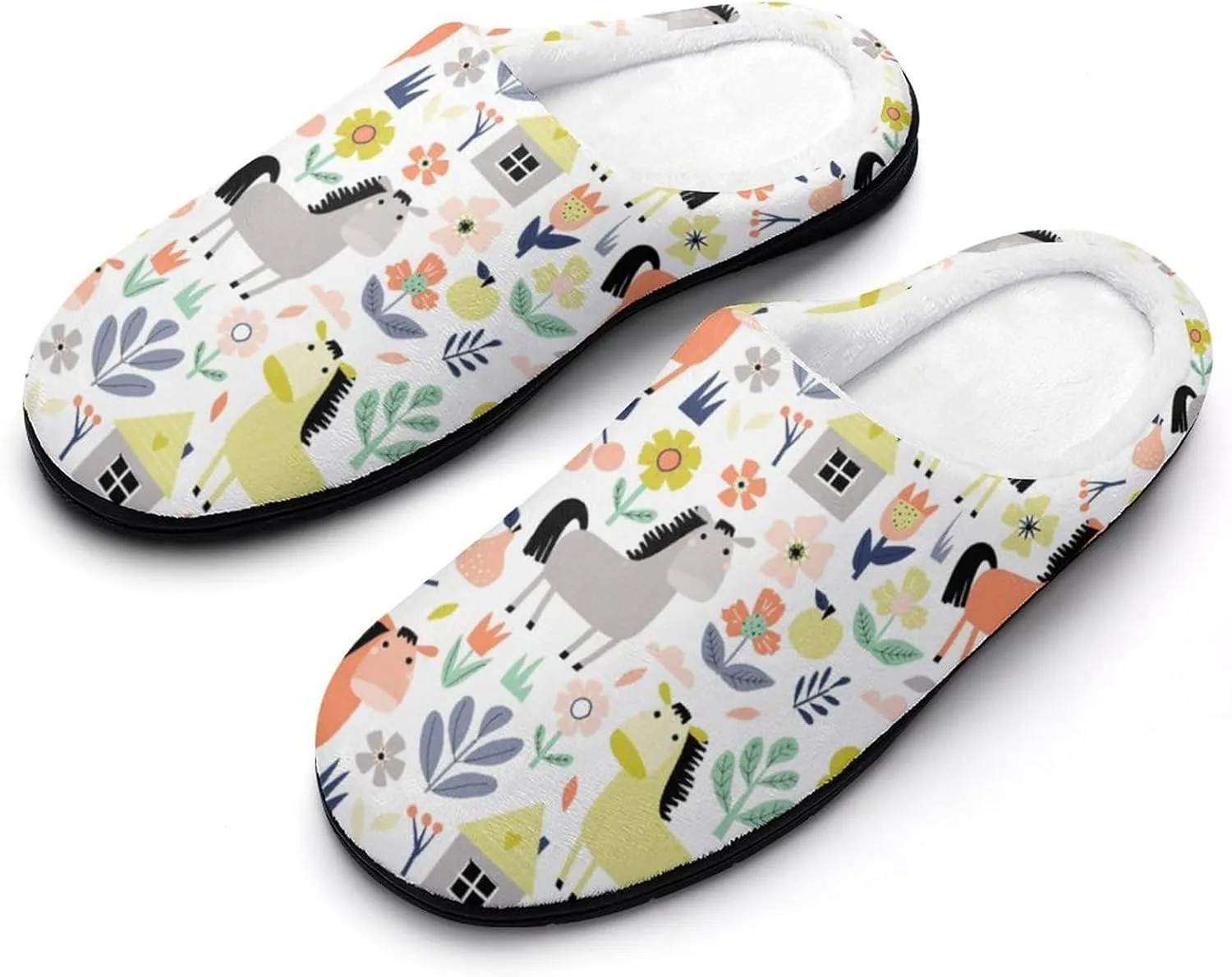 Cute Donkey And Flowers Pattern Slippers for Women Girls Warm Plush Indoor Outdoor Shoes Non Slip