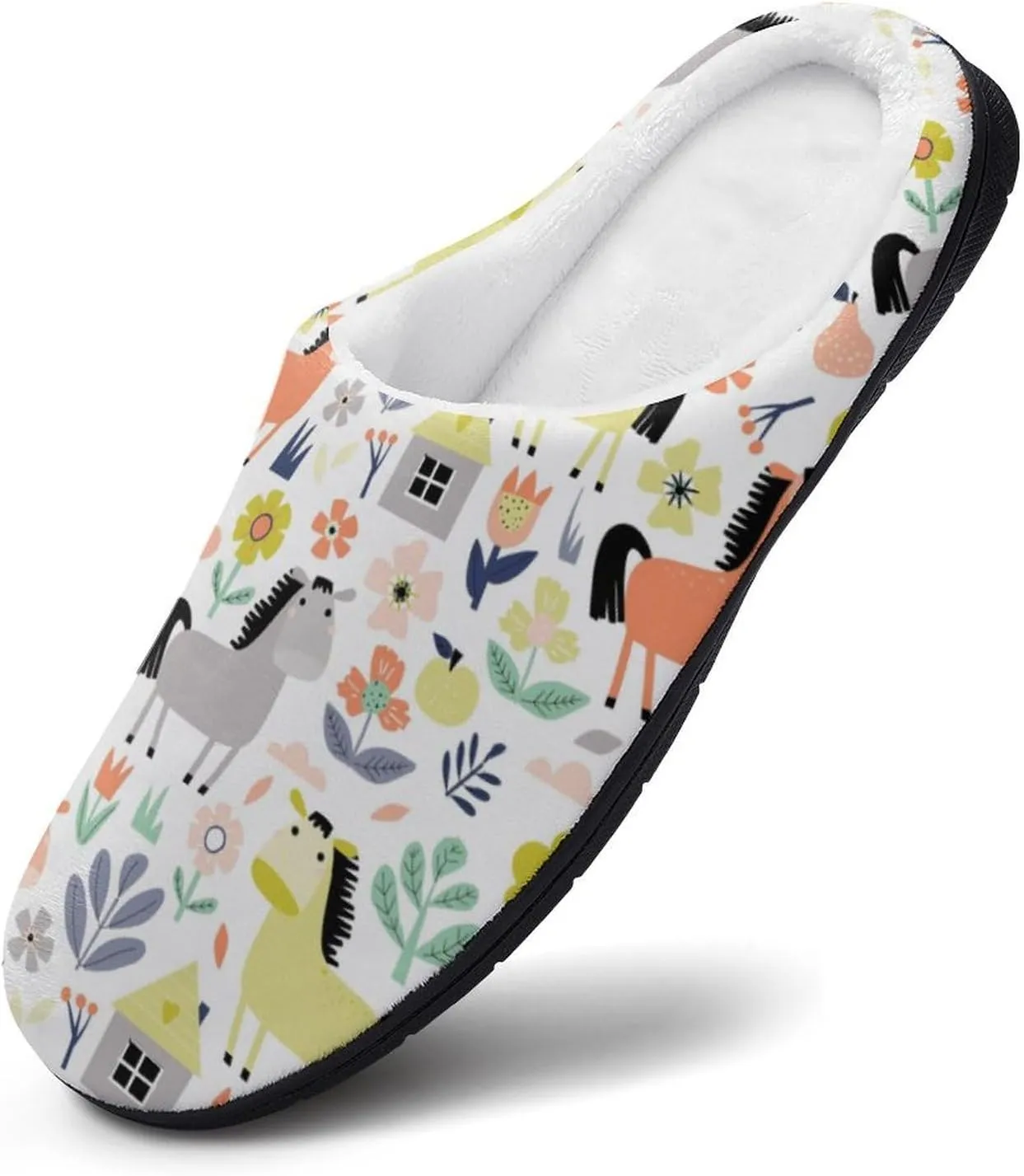 Cute Donkey And Flowers Pattern Slippers for Women Girls Warm Plush Indoor Outdoor Shoes Non Slip
