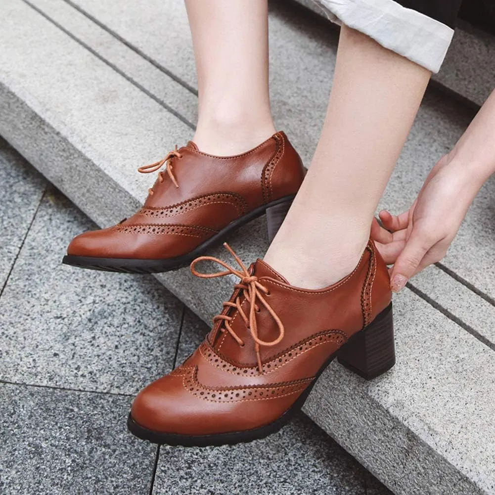 CYNLLIO Women's Vintage Wingtips Lace up Oxfords Brogues Shoes Mid Chunky Heels Pumps Perforated Dress Saddle Shoes