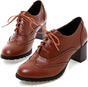 CYNLLIO Women's Vintage Wingtips Lace up Oxfords Brogues Shoes Mid Chunky Heels Pumps Perforated Dress Saddle Shoes