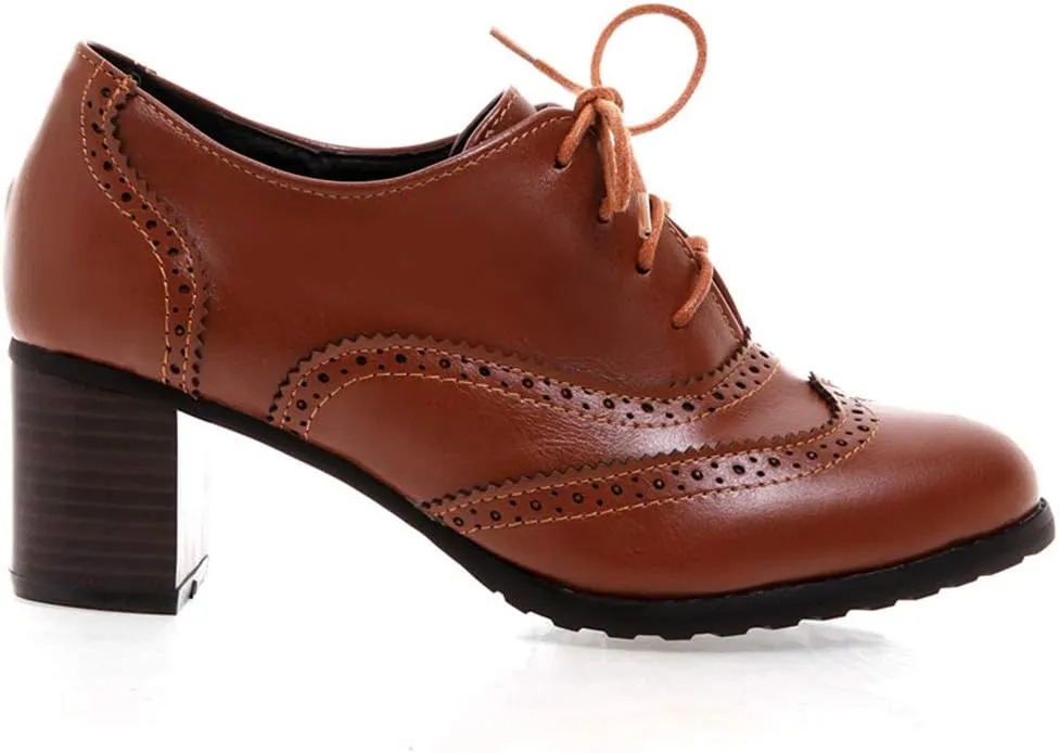 CYNLLIO Women's Vintage Wingtips Lace up Oxfords Brogues Shoes Mid Chunky Heels Pumps Perforated Dress Saddle Shoes