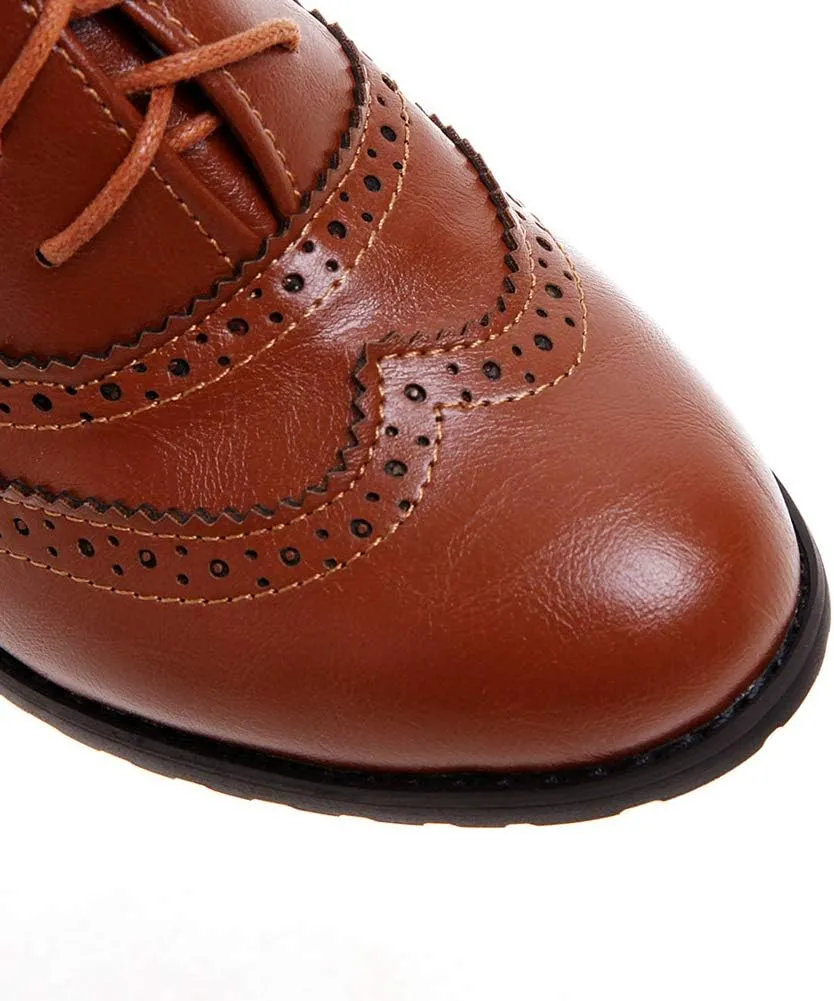 CYNLLIO Women's Vintage Wingtips Lace up Oxfords Brogues Shoes Mid Chunky Heels Pumps Perforated Dress Saddle Shoes
