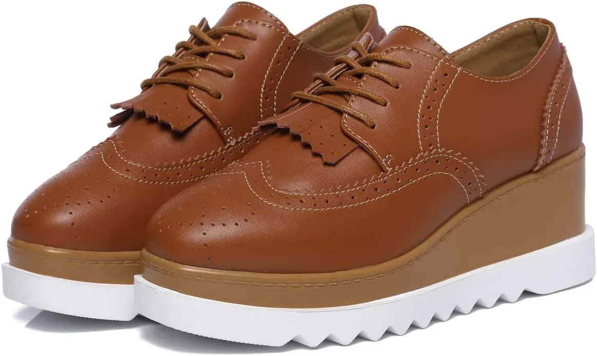 DADAWEN Women's Fashion Tassels Square-Toe Lace-up Platform Wedge Oxford Shoes