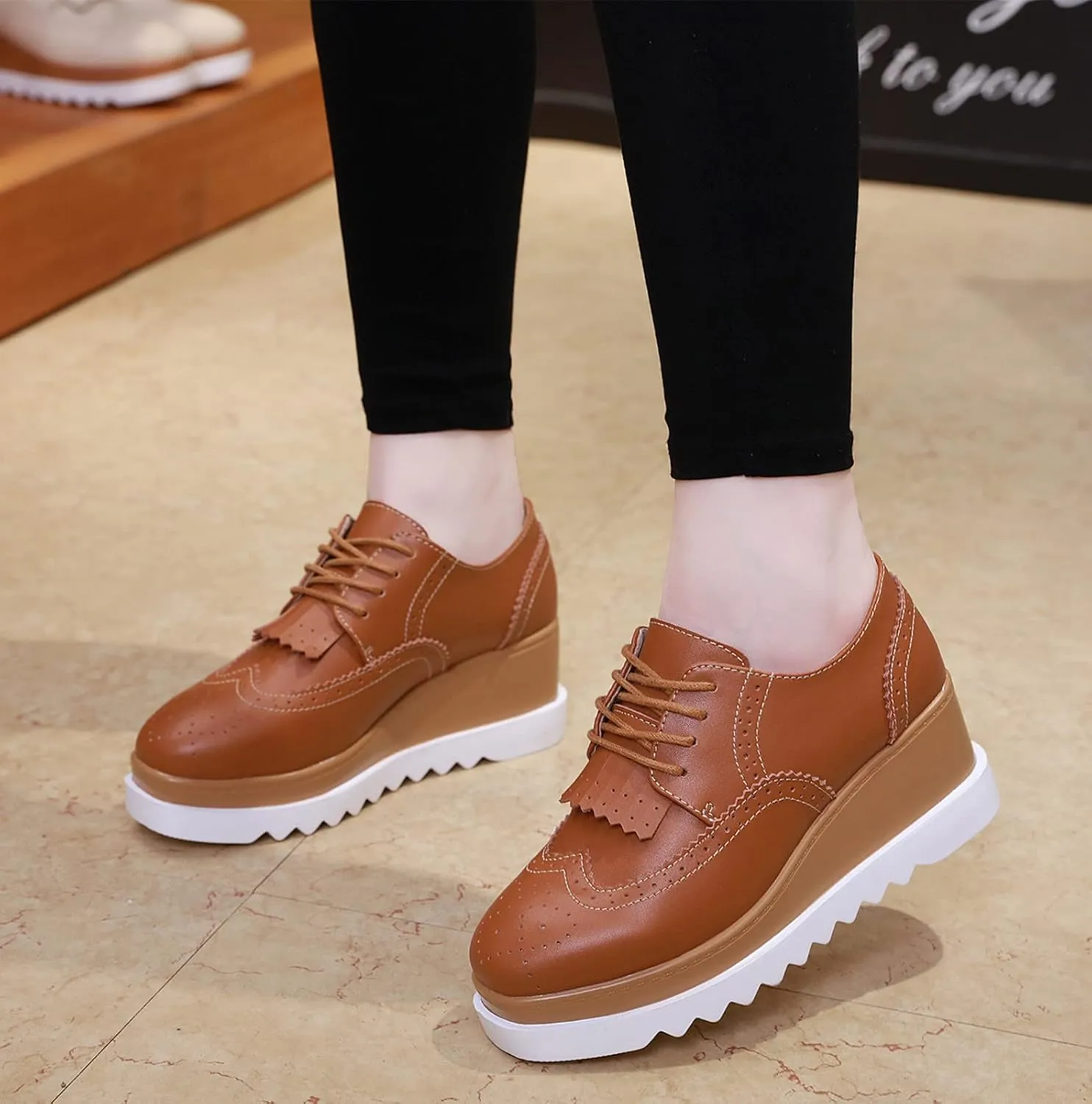 DADAWEN Women's Fashion Tassels Square-Toe Lace-up Platform Wedge Oxford Shoes