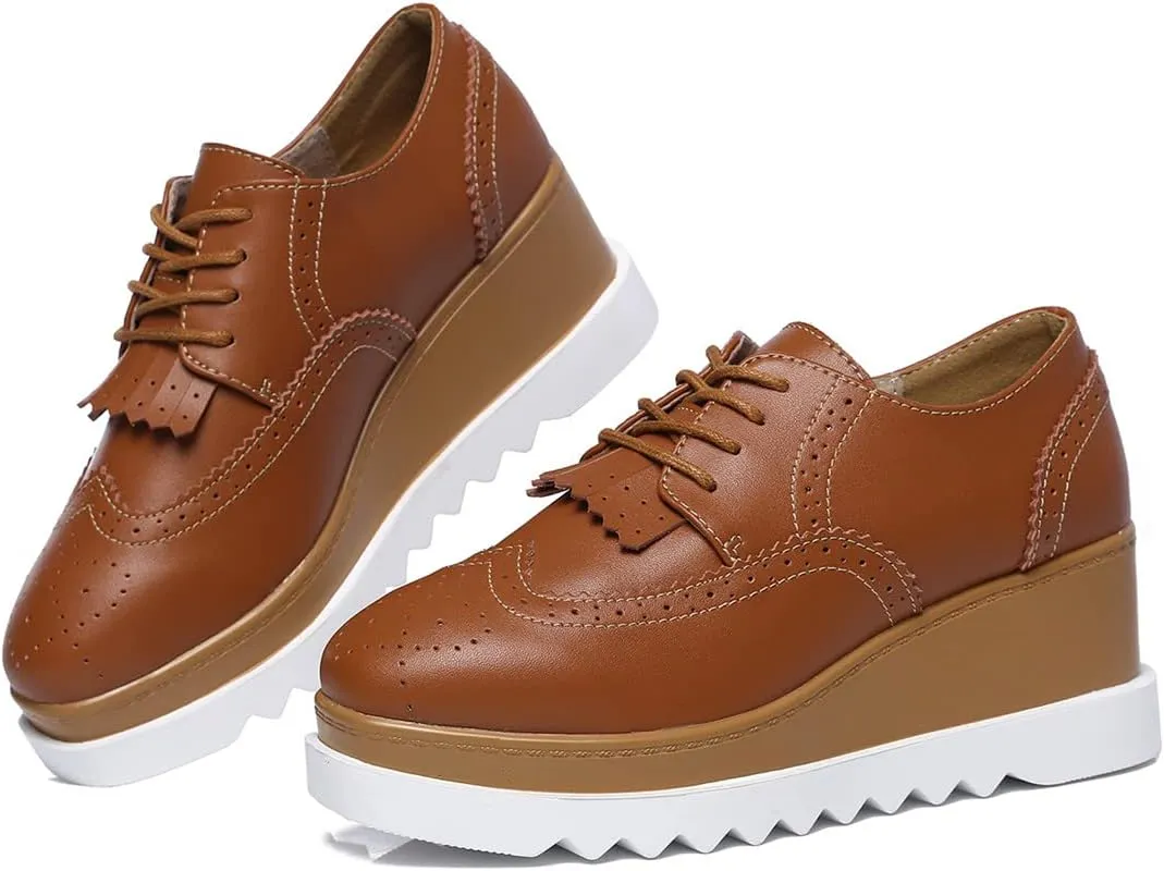 DADAWEN Women's Fashion Tassels Square-Toe Lace-up Platform Wedge Oxford Shoes
