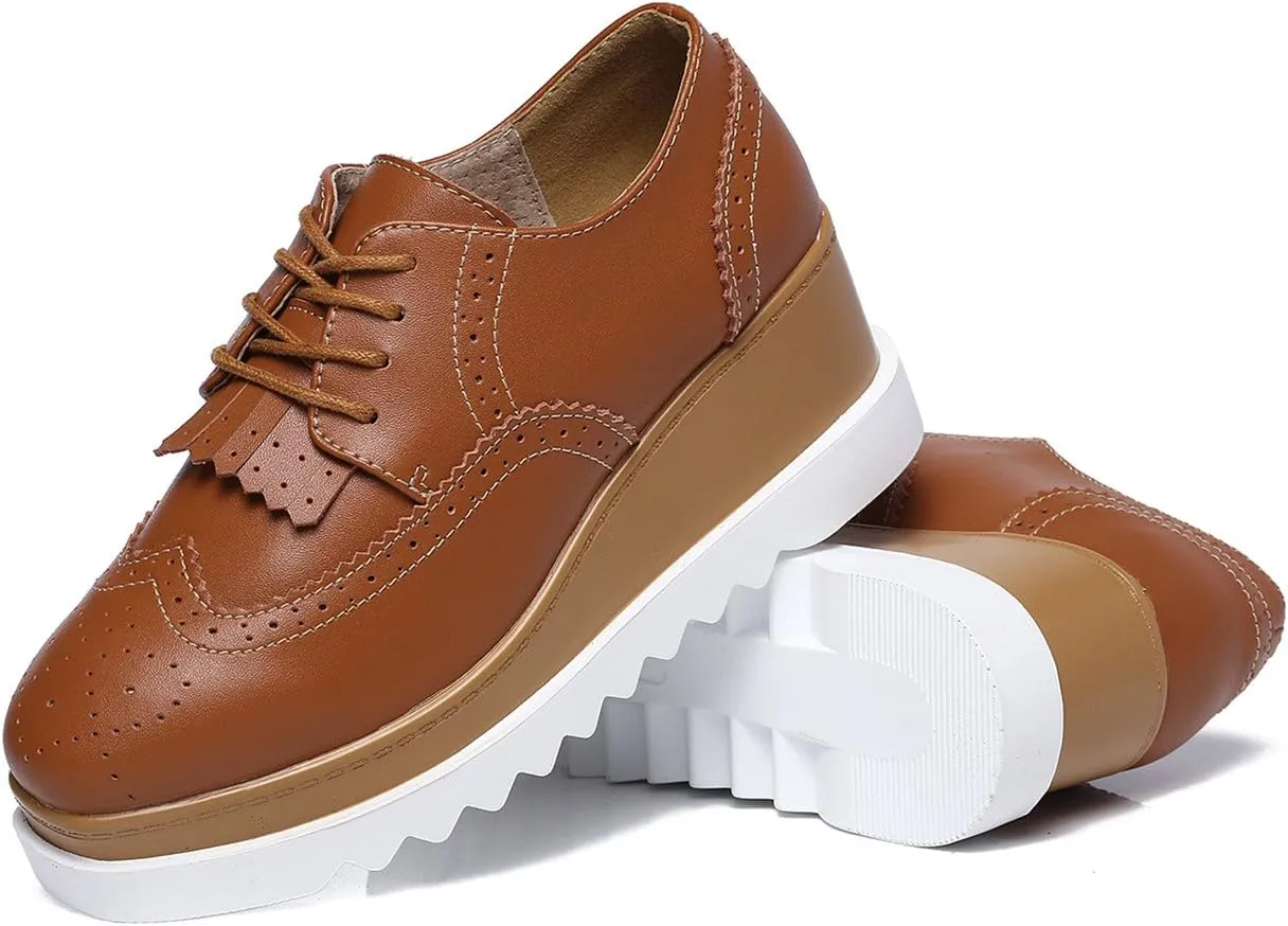 DADAWEN Women's Fashion Tassels Square-Toe Lace-up Platform Wedge Oxford Shoes
