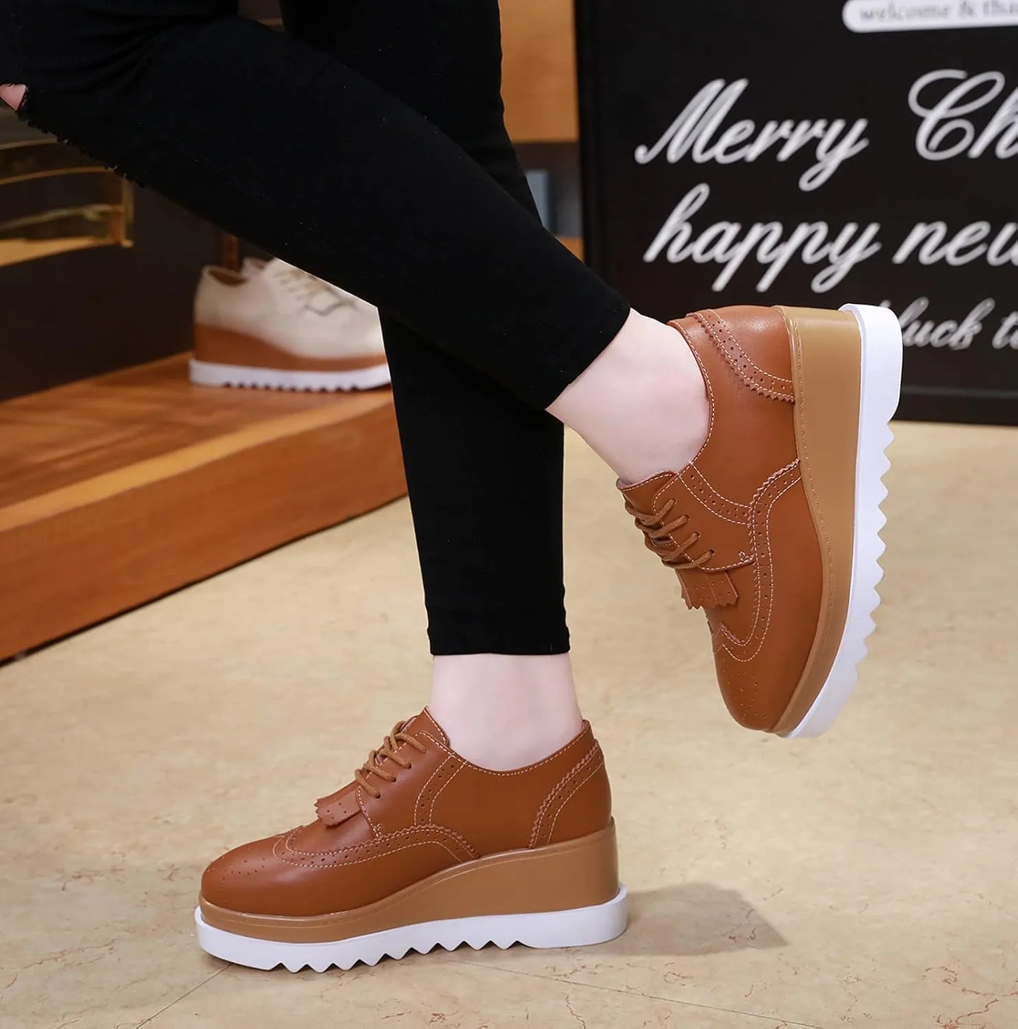 DADAWEN Women's Fashion Tassels Square-Toe Lace-up Platform Wedge Oxford Shoes