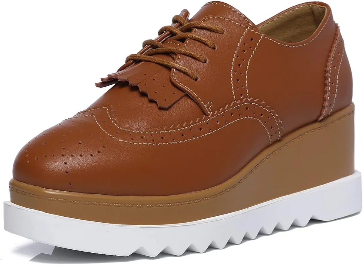 DADAWEN Women's Fashion Tassels Square-Toe Lace-up Platform Wedge Oxford Shoes