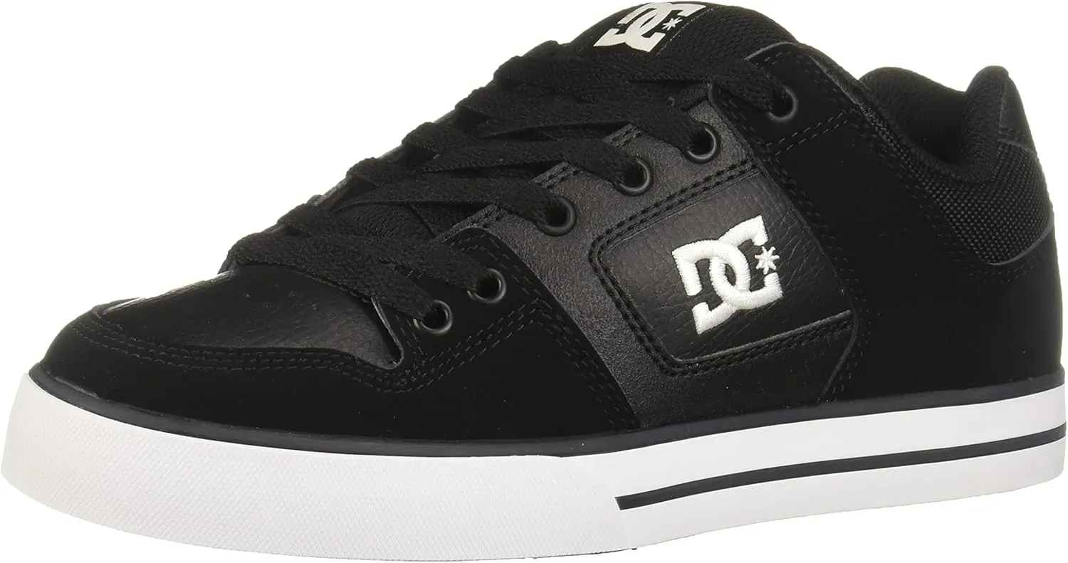 DC Men's Pure Low Top Lace Up Casual Skate Shoe Sneaker, Black/Black/White, 7