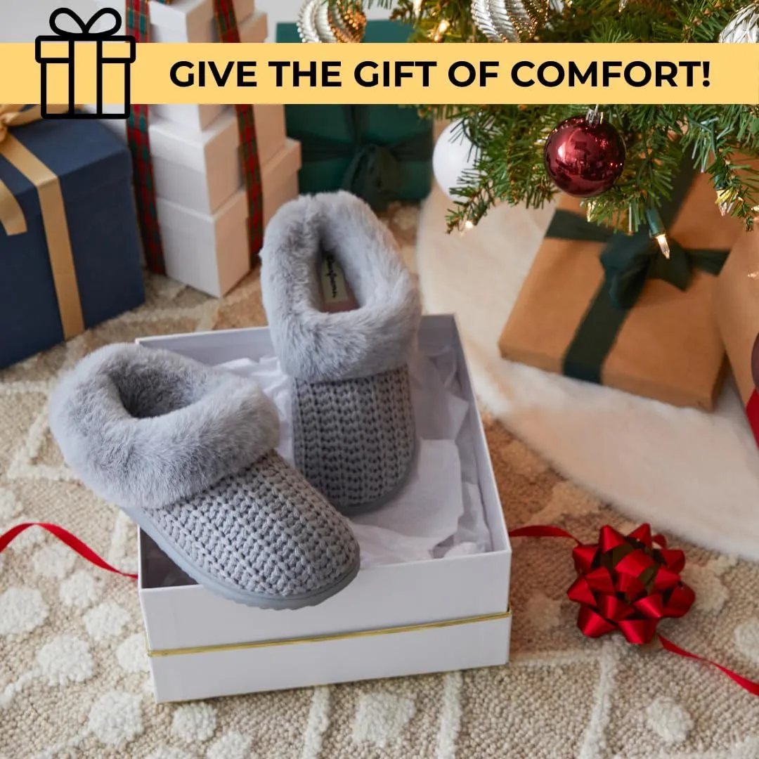 Dearfoams Gifts for Women, Mom, Sister, Wife - Fuzzy Fluffy Memory Foam Slipper - Hannah Knit Clog House Shoe House Slipper