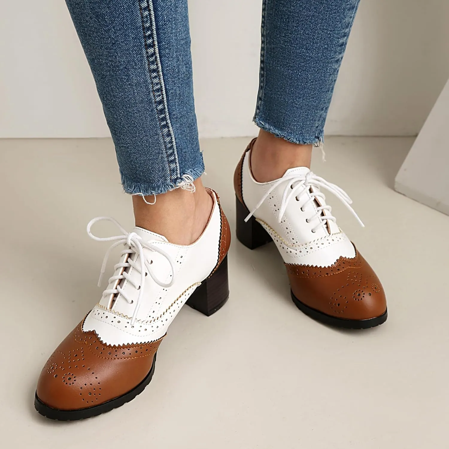 Derby Women Block Heel Oxford Lace Up Brogue
