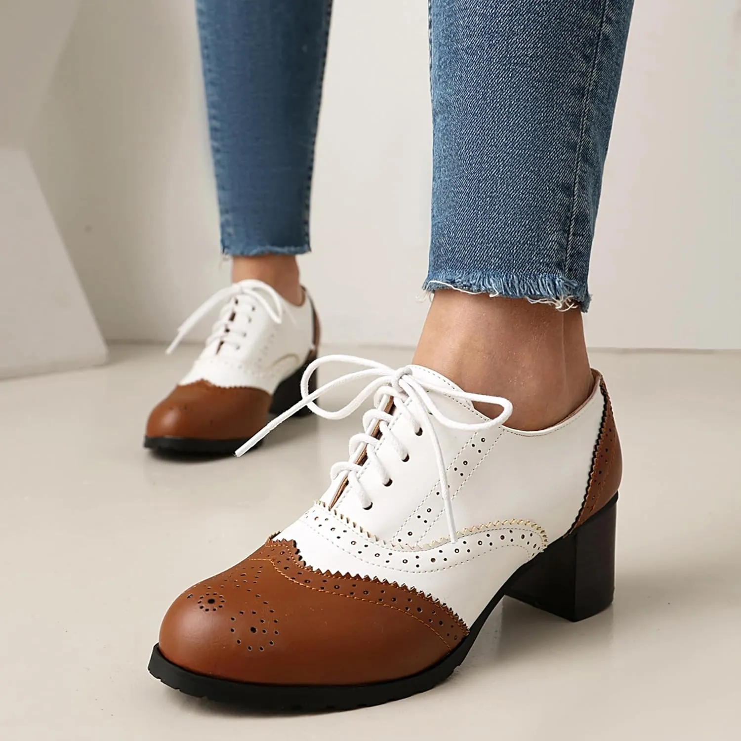 Derby Women Block Heel Oxford Lace Up Brogue