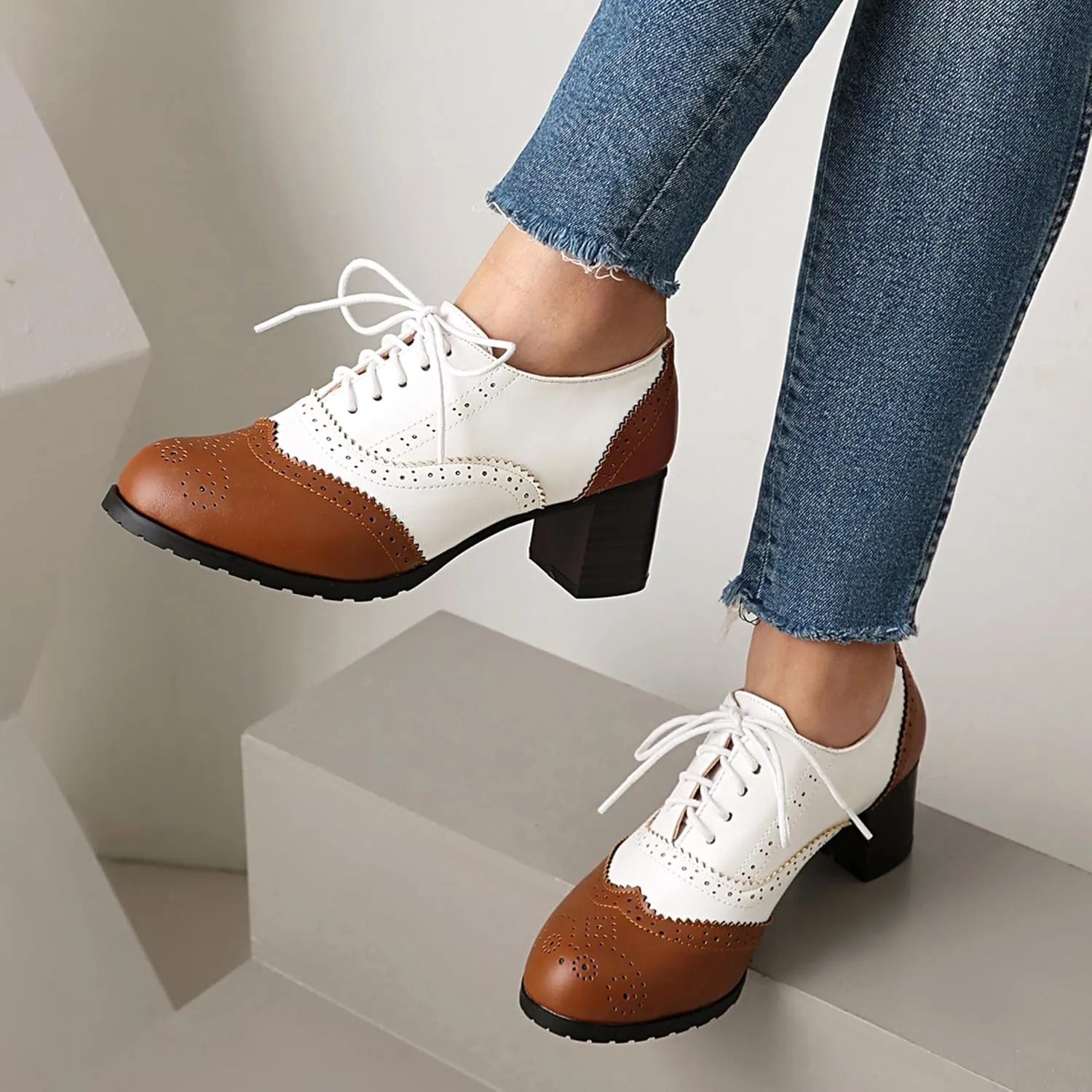 Derby Women Block Heel Oxford Lace Up Brogue