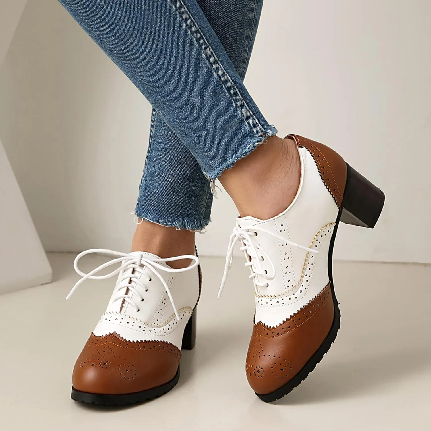 Derby Women Block Heel Oxford Lace Up Brogue