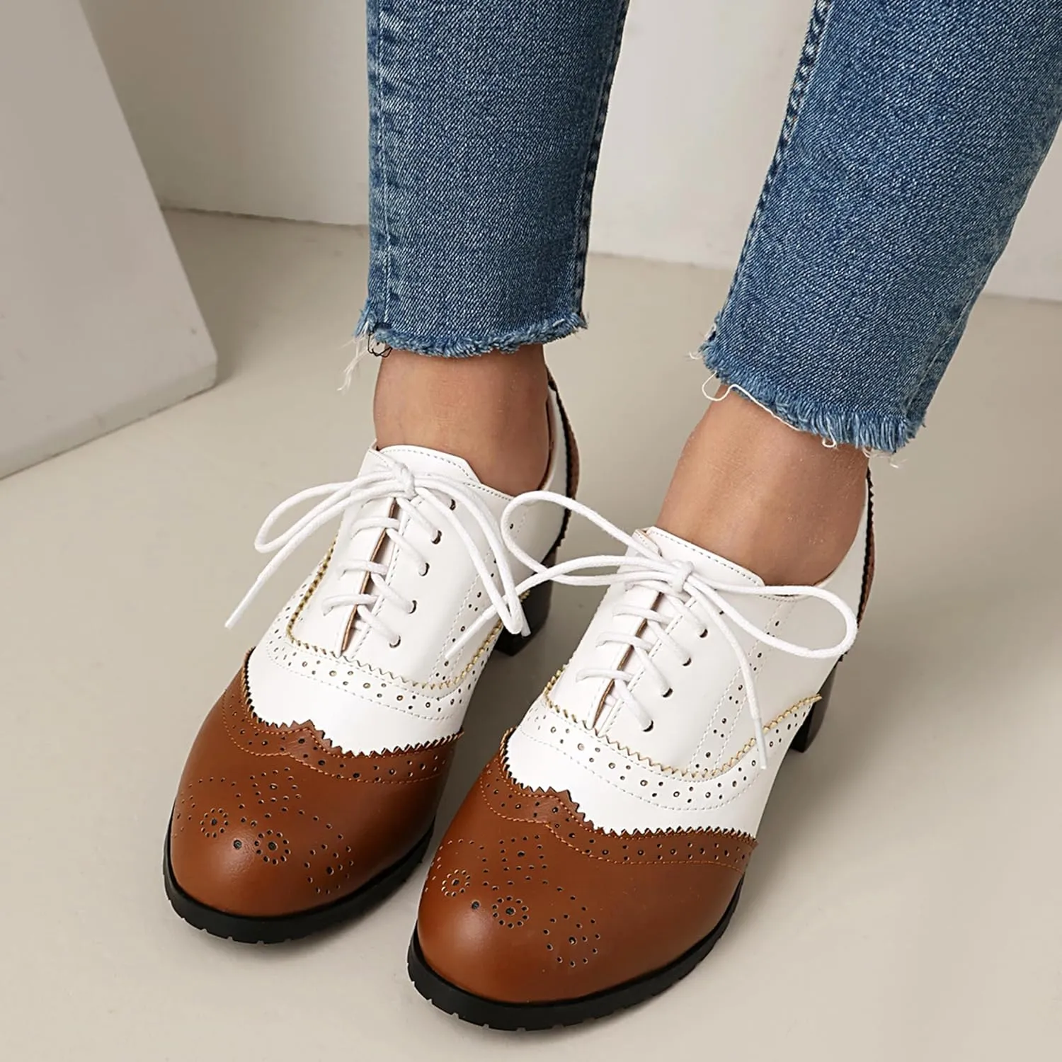 Derby Women Block Heel Oxford Lace Up Brogue