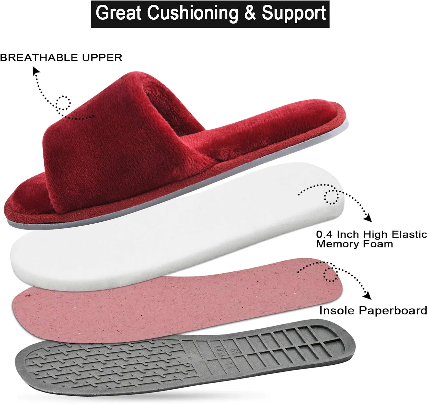 DL Open Toe Slippers for women Indoor, Cozy Memory Foam Womens House Slippers Summer Slip On, Comfy Soft Flannel Womens Bedroom Slippers Slide Breathable Size 5-6 7-8 9-10